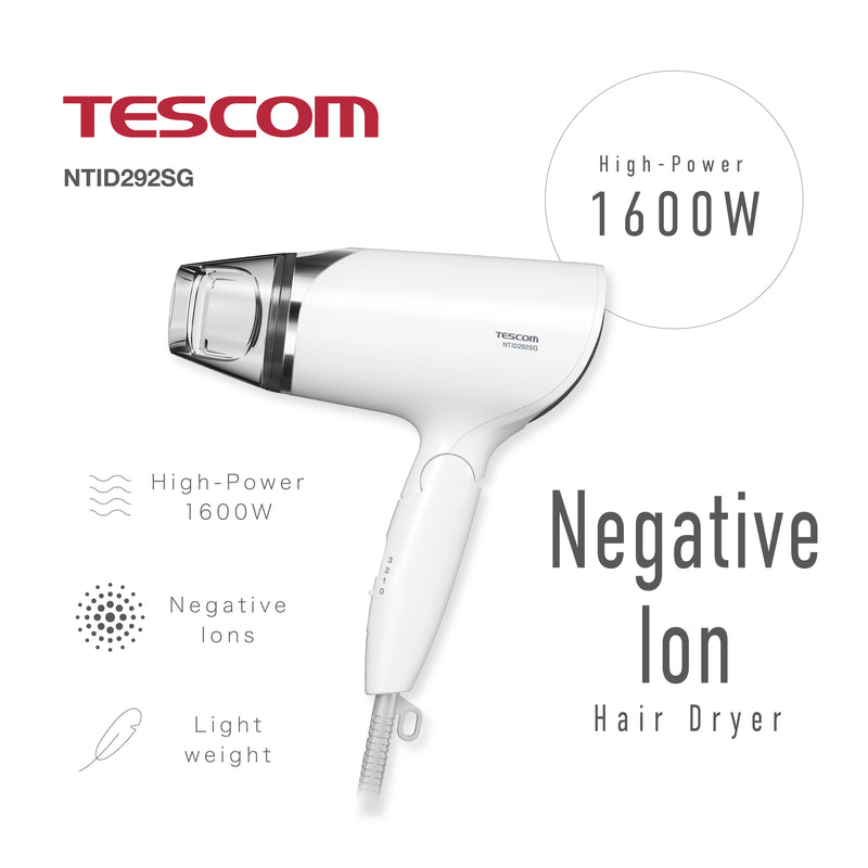 ELECOM Tescom Negative Ion Hair Dryer NTID292SG-W/Light Weight/1600w High Power/Quick Dry/Collapsible Grip/White